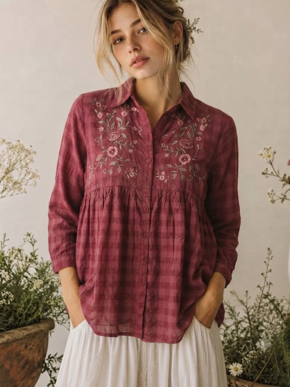 April Cornell Red Plaid Floral Embroidered Button Down Blouse Large Babydoll